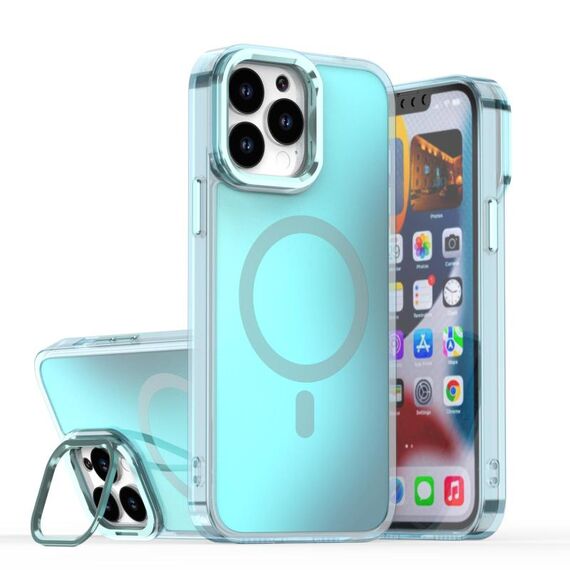 Per iPhone 14 Pro Max Plating Gradient Discolor Custodia per telefono MagSafe con supporto (blu)
