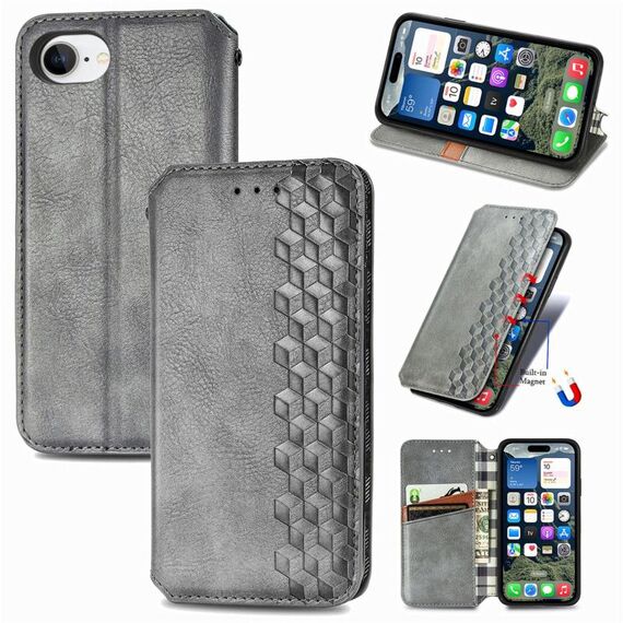 Per iPhone 16e Custodia per telefono in pelle magnetica pressata a griglia cubica (grigio)