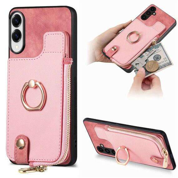 Per Samsung Galaxy S25 Edge 5G Custodia per telefono con cerniera verticale e anello in pelle incrociata (rosa)