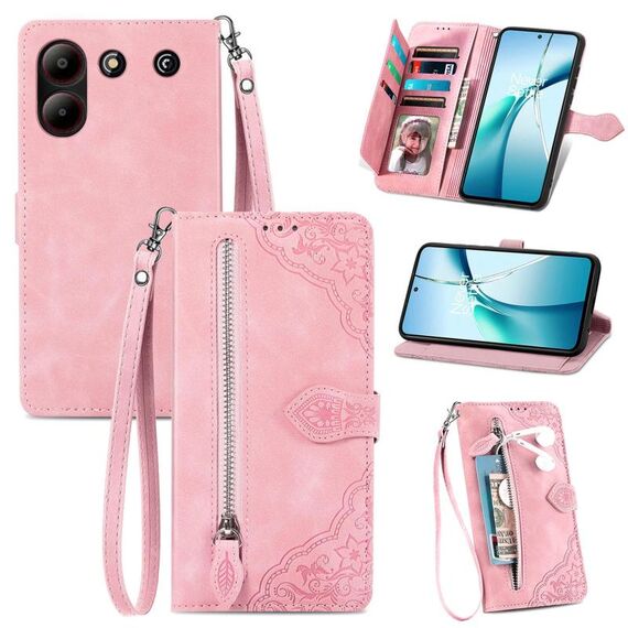 Per ZTE Blade A54 Custodia in pelle con cerniera e motivo floreale in rilievo (rosa)