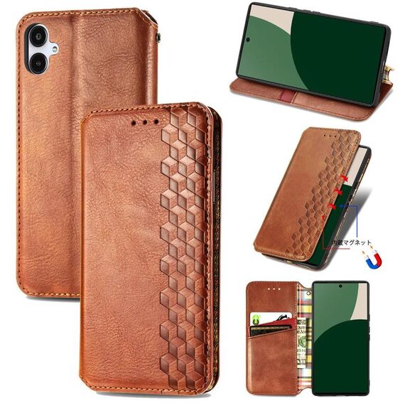 Per Samsung Galaxy A25 5G Custodia per telefono in pelle magnetica pressata a griglia cubica (marrone)