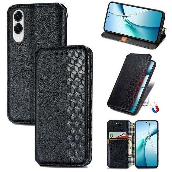 Per Samsung Galaxy S25 Edge 5G Custodia per telefono in pelle magnetica pressata a griglia cubica (nera)