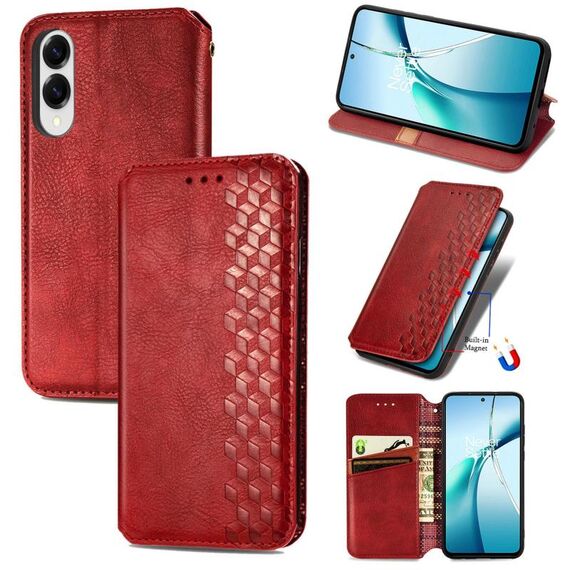 Per Samsung Galaxy S25 Edge 5G Custodia per telefono in pelle magnetica pressata a griglia cubica (rossa)