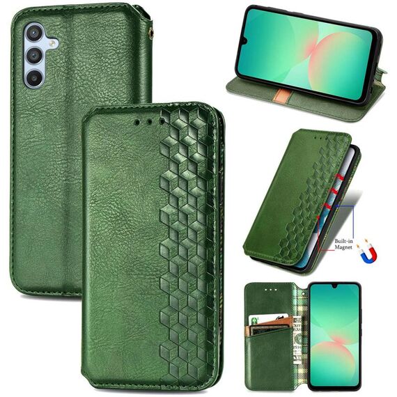 Per Samsung Galaxy A26 5G Custodia per telefono in pelle magnetica pressata a griglia cubica (verde)