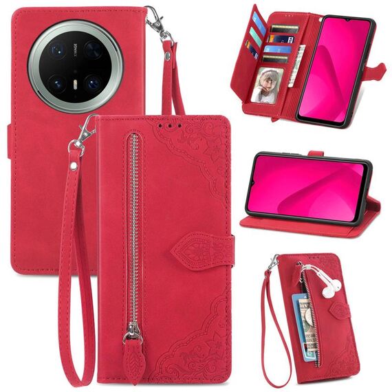 Per Huawei Mate 70 Pro+ Custodia in pelle con cerniera e motivo floreale in rilievo (rosso)
