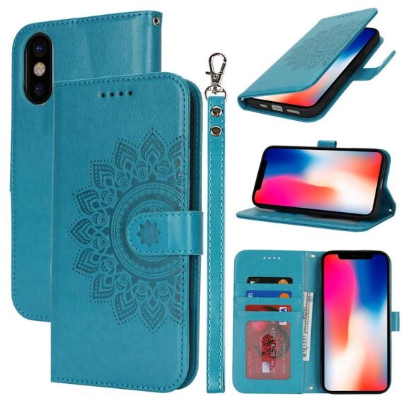 Per iPhone X / XS Custodia per telefono in pelle con stampa a doppia piega (blu)