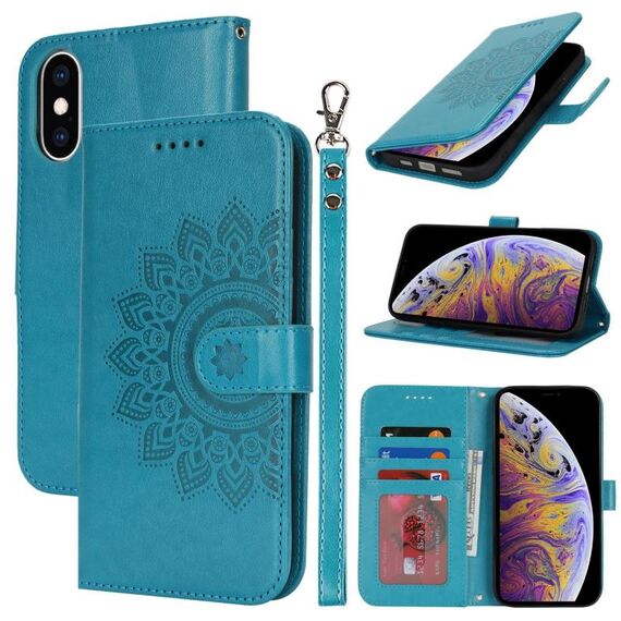 Per iPhone XS Max Custodia per telefono in pelle con stampa a doppia piega (blu)