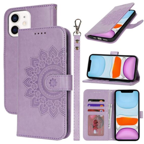 Per iPhone 11 Custodia per telefono in pelle con stampa goffrata a doppia piega (viola)