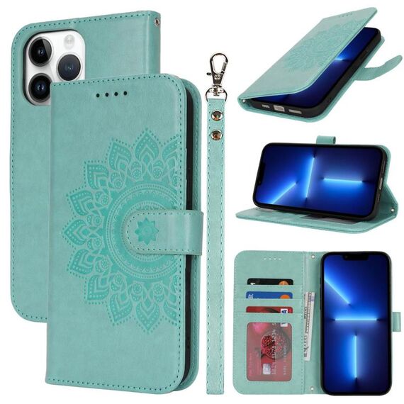 Per iPhone 13 Pro Custodia per telefono in pelle con stampa a doppia piega (verde menta)