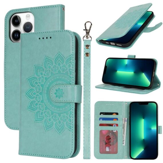 Per iPhone 13 Pro Max Custodia per telefono in pelle con stampa a doppia piega (verde menta)