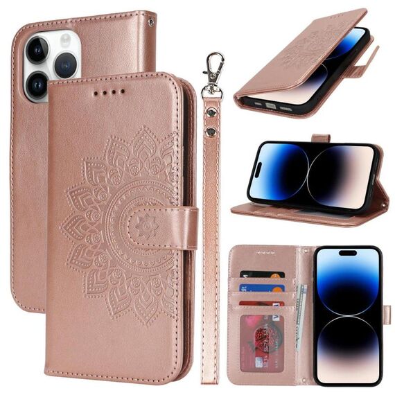 Per iPhone 14 Pro Custodia per telefono in pelle con stampa a doppia piega (oro rosa)