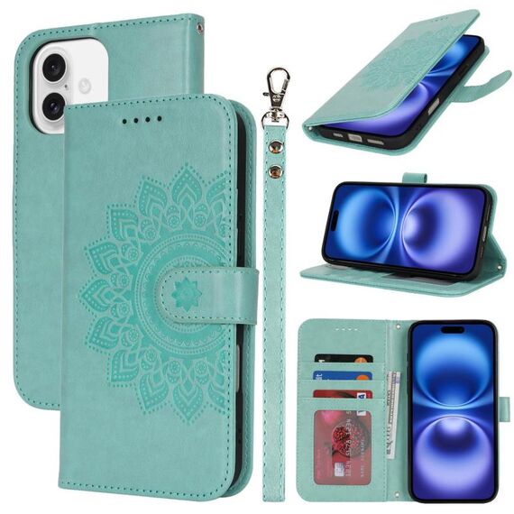 Per iPhone 16 Custodia per telefono in pelle con stampa a doppia piega (verde menta)