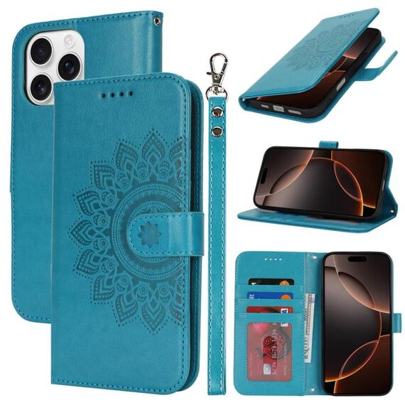 Per iPhone 16 Pro Max Custodia per telefono in pelle con stampa a doppia piega (blu)