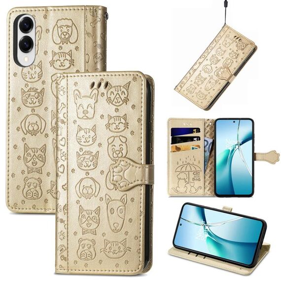 Per Samsung Galaxy S25 Edge 5G Custodia in pelle goffrata con motivo a gatto e cane (oro)