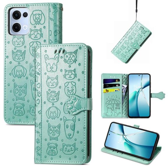Per OPPO Reno13 Custodia in pelle goffrata con motivo a gatto e cane (verde)