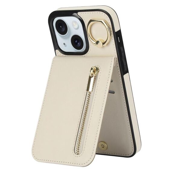 Per iPhone 15 Plus Custodia per telefono con anello retrò e cerniera RFID Card Slot (bianco)