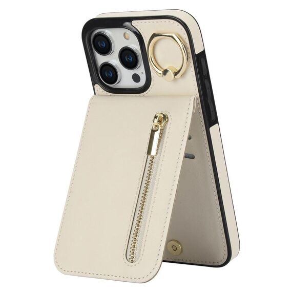Per iPhone 16 Pro Max Custodia per telefono con anello retrò e cerniera RFID Card Slot (bianco)