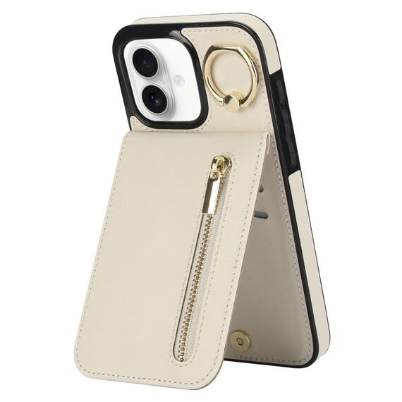Per iPhone 16 Custodia per telefono con anello retrò e cerniera RFID Card Slot (bianco)