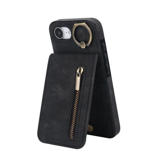 Per iPhone 16e Custodia per telefono con anello retrò e cerniera RFID Card Slot (nero)