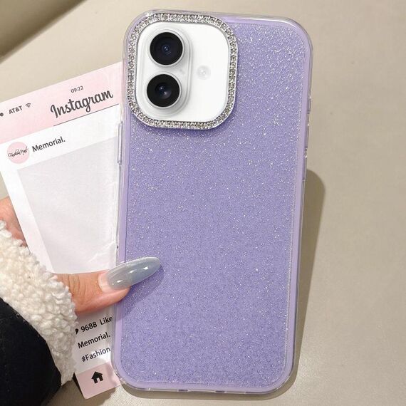 Per iPhone 16 Plus Custodia per telefono con copertura totale glitterata con cornice per fotocamera in strass incorporati (viola)