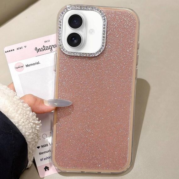 Per iPhone 16 Custodia per telefono con copertura totale glitterata con cornice per fotocamera in strass incorporati (marrone)