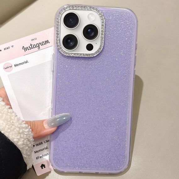 Per iPhone 15 Pro Max Custodia per telefono con copertura totale glitterata con cornice per fotocamera in strass incorporata (viola)