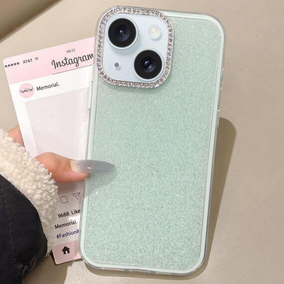 Per iPhone 15 Plus Custodia per telefono con copertura totale glitterata con cornice per fotocamera in strass incorporati (verde)