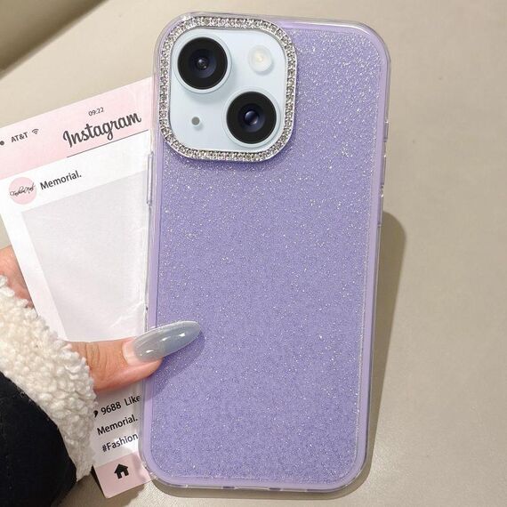 Per iPhone 15 Plus Custodia per telefono con copertura totale glitterata con cornice per fotocamera in strass incorporati (viola)