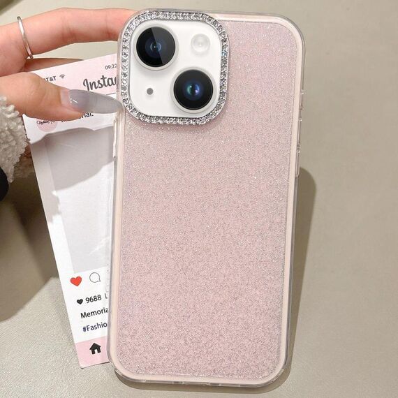 Per iPhone 14 Plus Custodia per telefono con copertura totale glitterata con cornice per fotocamera in strass incorporati (rosa)