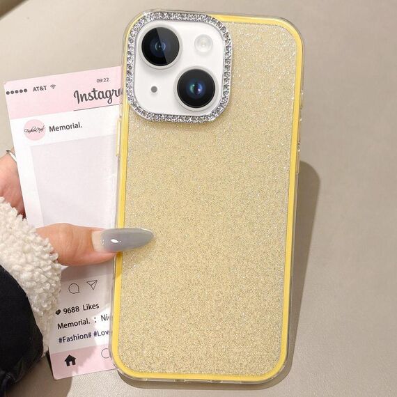 Per iPhone 14 Plus Custodia per telefono con copertura totale glitterata con cornice per fotocamera in strass incorporati (giallo)
