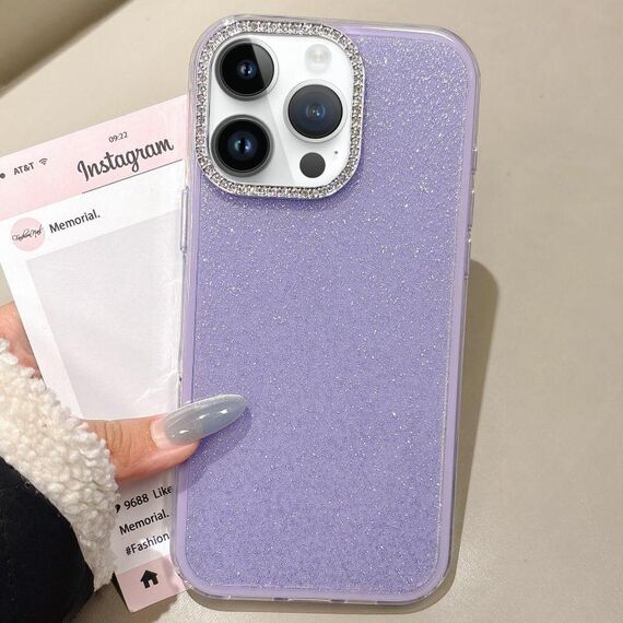 Per iPhone 14 Pro Custodia per telefono con copertura totale glitterata con cornice per fotocamera con strass incorporati (viola)