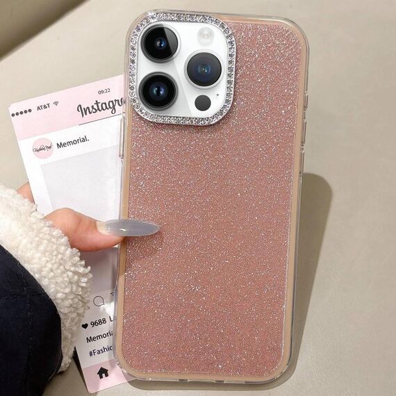 Per iPhone 14 Pro Custodia per telefono con copertura totale glitterata con cornice per fotocamera in strass incorporati (marrone)