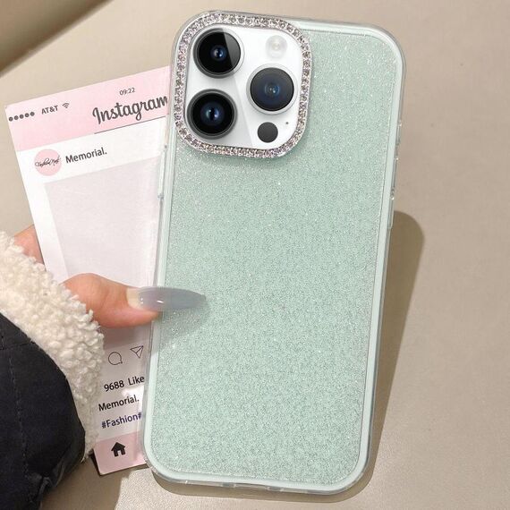 Per iPhone 13 Pro Custodia per telefono con copertura totale glitterata con cornice per fotocamera in strass incorporati (verde)