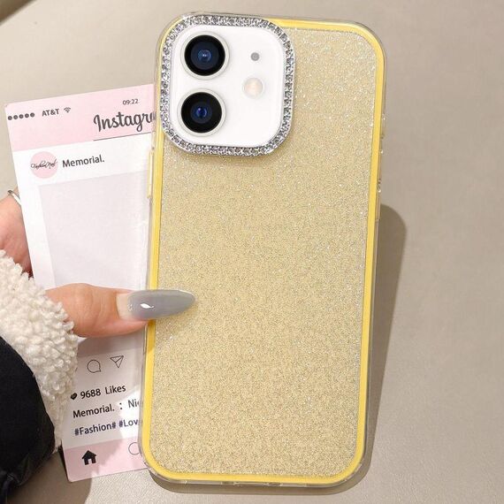 Per iPhone 12 Custodia per telefono con copertura totale glitterata con cornice per fotocamera in strass incorporati (giallo)