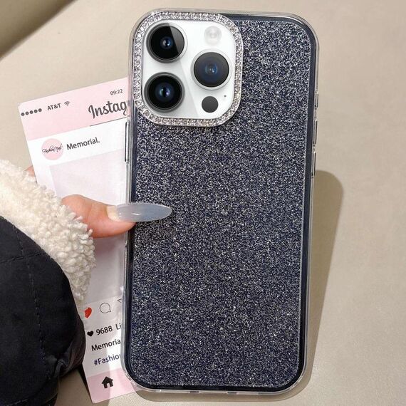 Per iPhone 12 Pro Max Custodia per telefono con copertura totale glitterata con cornice per fotocamera in strass incorporati (nero)