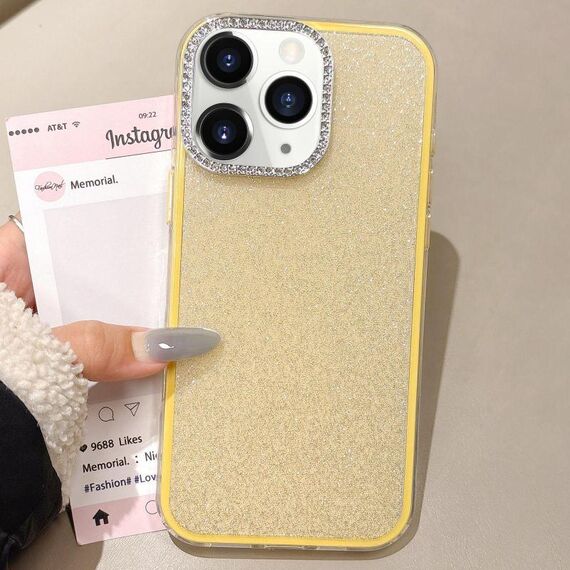 Per iPhone 11 Pro Max Custodia per telefono con copertura totale glitterata con cornice per fotocamera in strass incorporata (giallo)