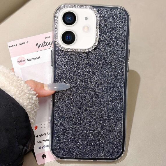Per iPhone 11 Custodia per telefono con copertura totale glitterata con cornice per fotocamera in strass incorporata (nero)