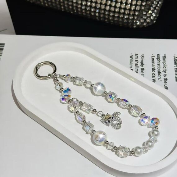 Ciondolo volpe con perline di cristallo Catena per cellulare (bianco)