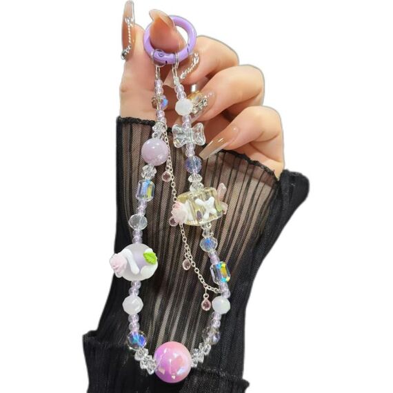 Catena per telefono con cuore e fiore di rosa (viola)