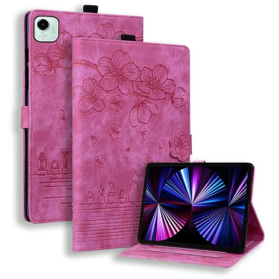 Per Honor Pad X9a / X9 Pro Custodia per tablet in pelle goffrata con motivo Sakura Cat (rosso rosa)