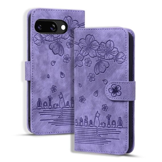 Per Google Pixel 9a Custodia per telefono in pelle goffrata con motivo Sakura Cat (viola)