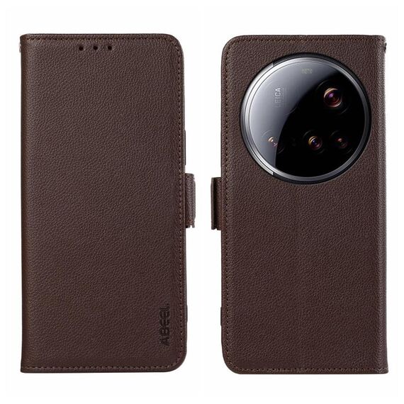 Custodia per telefono ABEEL con motivo Litchi magnetico laterale in pelle con protezione RFID per Xiaomi 15 Ultra (marrone)