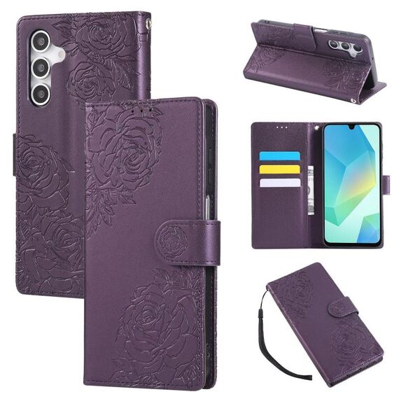 Custodia in pelle con 3 slot per carte di credito e motivo a fiori di rosa per Samsung Galaxy A16 5G (viola scuro)