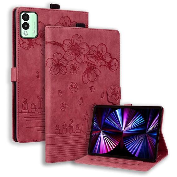 Per Tecno MegaPad 11 Custodia per tablet in pelle goffrata con motivo Sakura Cat (rosso)
