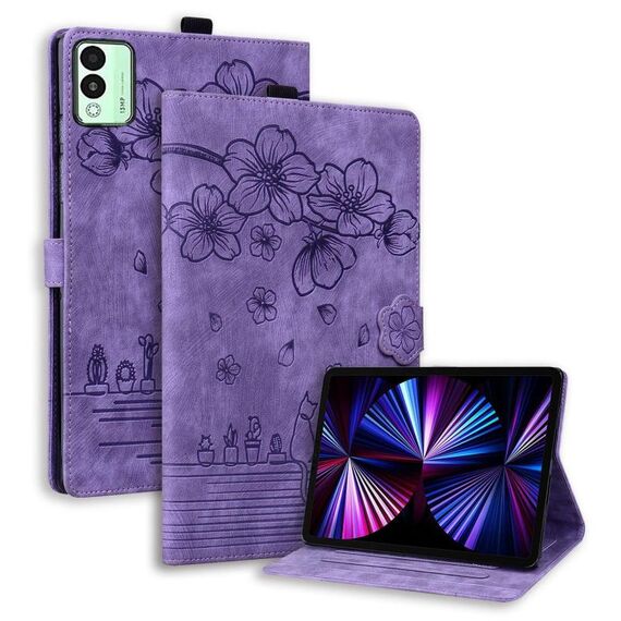 Per Tecno MegaPad 11 Custodia per tablet in pelle goffrata con motivo Sakura Cat (viola)