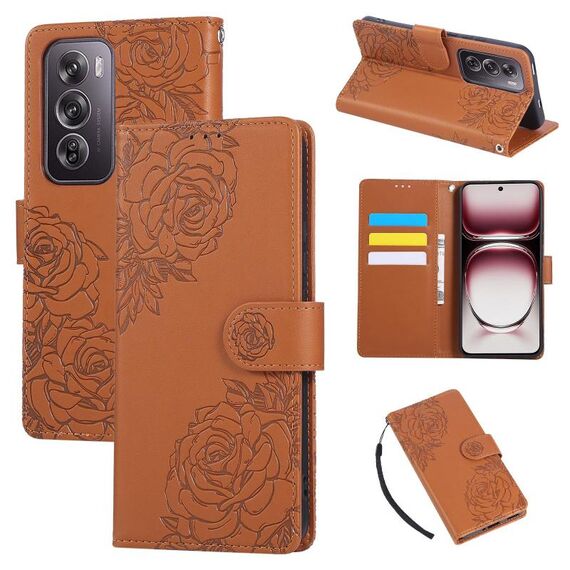 Custodia in pelle con 3 slot per carte di credito e motivo a fiori di rosa per OPPO Reno12 Pro 5G (marrone)