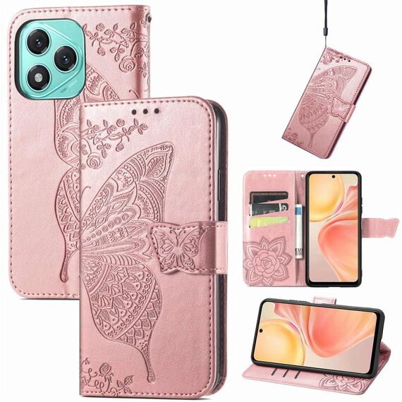 Custodia per telefono in pelle goffrata con motivo a farfalla e fiori per Honor 400 Lite (oro rosa)