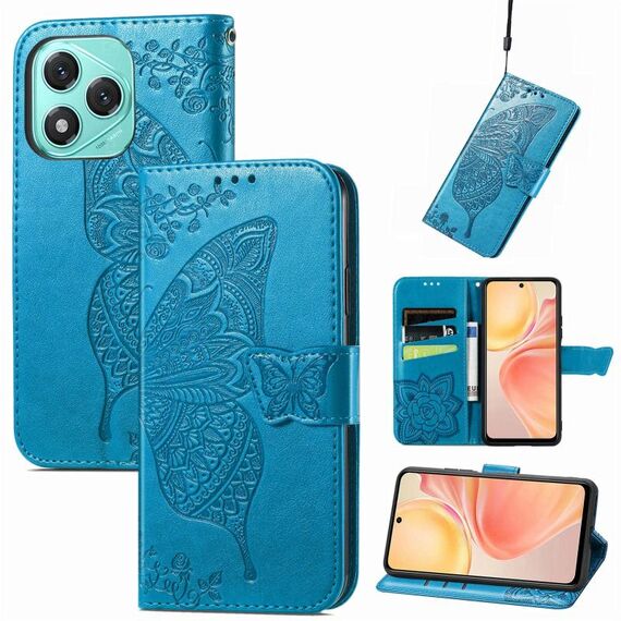 Custodia in pelle goffrata con motivo a farfalla e fiori per Honor 400 Lite (blu)