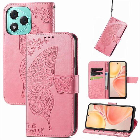 Custodia in pelle goffrata con motivo a farfalla e fiori per Honor 400 Lite (rosa)