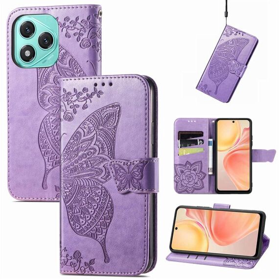 Custodia in pelle goffrata con motivo a farfalla e fiori per Honor 400 Lite (lavanda)